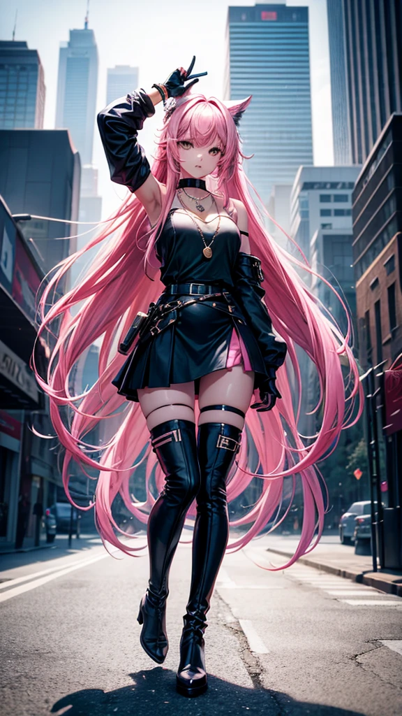 ultra quality, young woman, high, bright skin, pink hair,loose hair,long hair,t-shirt,strappy, slim, topic, skirt,Delete,coat,thigh high boots,black boots, white eyes, Autumn, bracelets, park, Height,piquancy,Exquisitely,long gloves,to the elbow,open shoulders,necklace, for the whole growth.