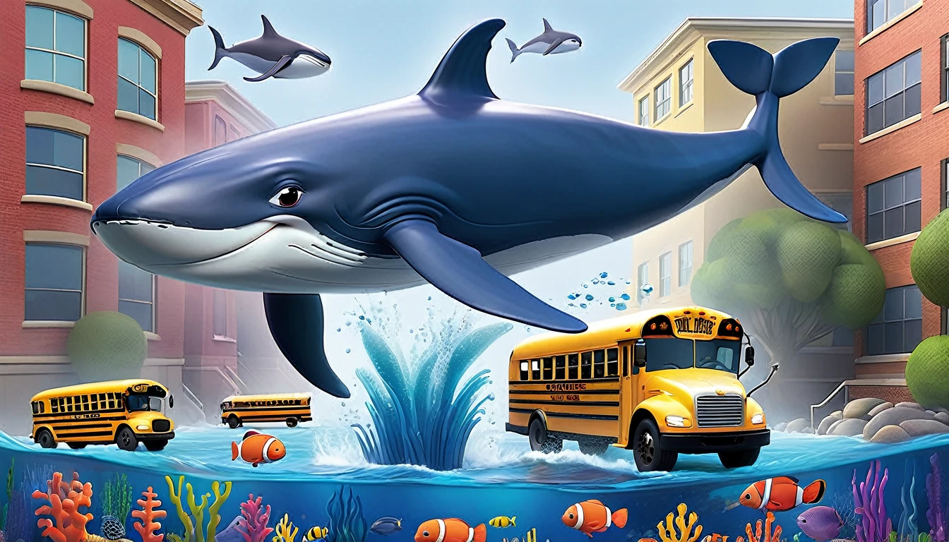 Create a 3-D Pixar style art scene for kids featuring a blue whale swimming beside three school buses for size comparison. The scene should be colorful and vibrant, with an ocean background, coral reefs, and schools of fish. The overall mood should be engaging and inviting for young children.