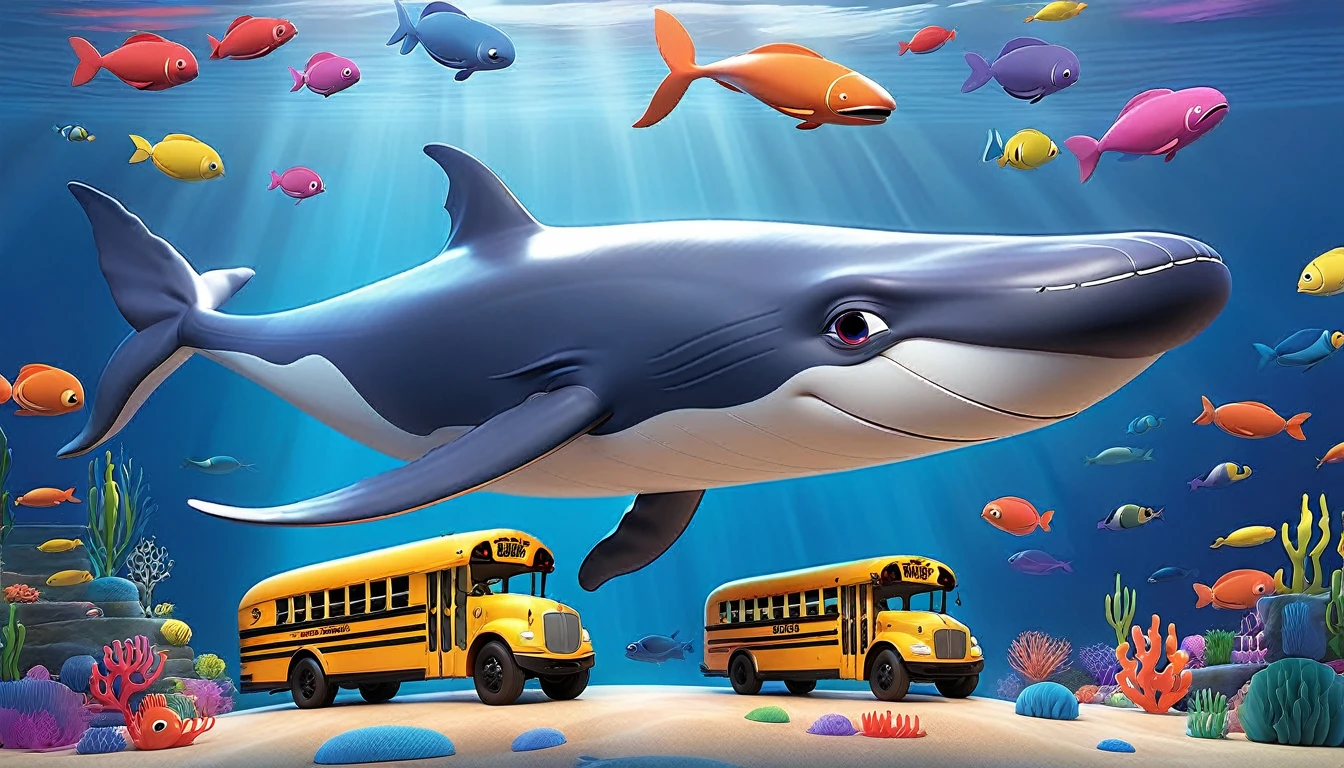 Create a 3-D Pixar style art scene for kids featuring a blue whale swimming beside three school buses for size comparison. The scene should be colorful and vibrant, with an ocean background, coral reefs, and schools of fish. The overall mood should be engaging and inviting for young children.