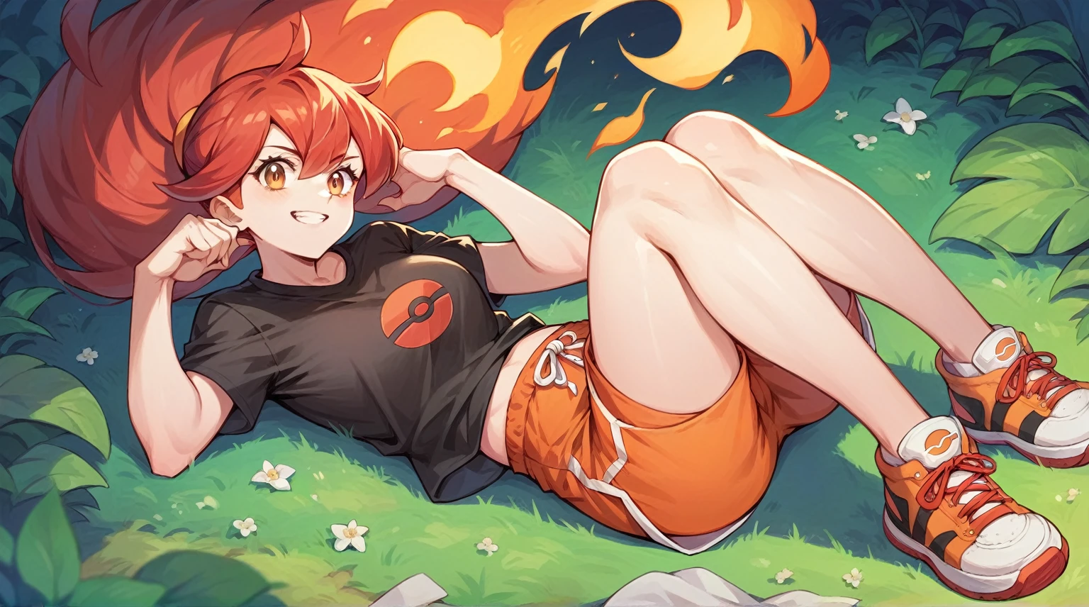 a girl fire type pokemon trainer with red hair black shirt orange shorts black sneakers