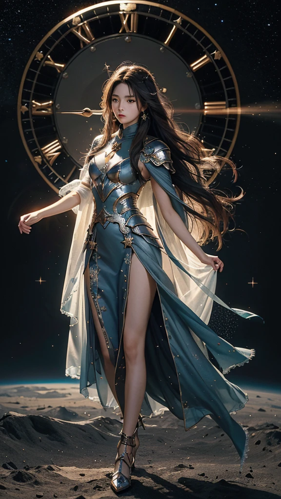 masterpiece，best quality，Ultra-high detail，Clear outlines,Outer Space,Star,Clock background,25 year old oriental beauty,long hair shawl,Light Armor,Walk through the stars