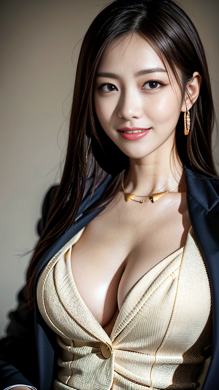 Tabletop, Highest quality, Realistic, Very detailed, finely, High resolution, 8k wallpaper, One beautiful woman,, Light brown messy hair, Wearing a business suit, Sharp focus, Perfect dynamic composition, Beautiful and detailed, Thin Hair, Detailed Realistic skin texture, smile, Close-up portrait, Model Body Type、Big Breasts、Reality