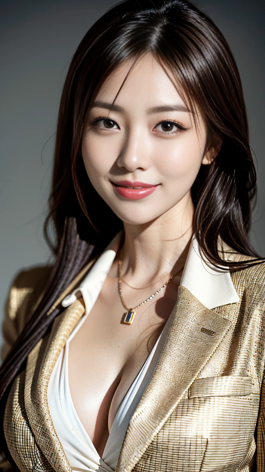 Tabletop, Highest quality, Realistic, Very detailed, finely, High resolution, 8k wallpaper, One beautiful woman,, Light brown messy hair, Wearing a business suit, Sharp focus, Perfect dynamic composition, Beautiful and detailed, Thin Hair, Detailed Realistic skin texture, smile, Close-up portrait, Model Body Type、Big Breasts、Reality