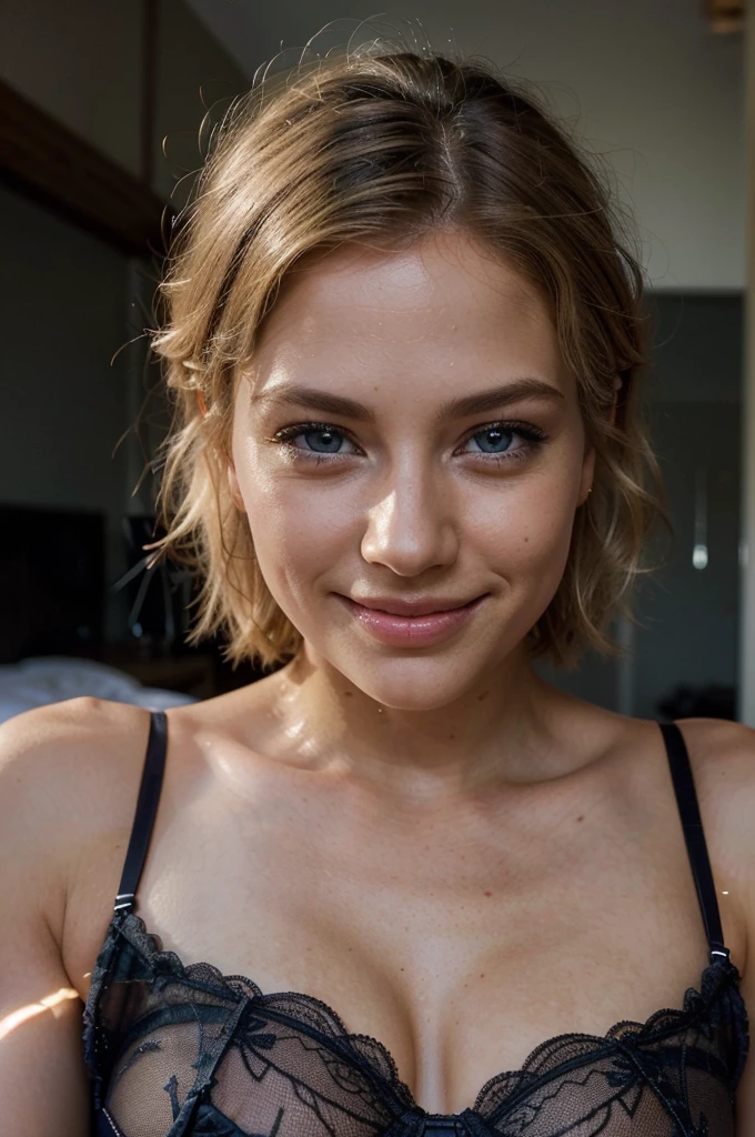 long distance shot, photorealistic, best quality, instagram model, (hyper detailed: 1.4), laying on on the bed, view from the side ((wearing lingerie:1.2)), short blonde hair, blue eyes, Detailed eyes, beautiful european young woman, (Highly detailed face:1.4), exuding a natural glow, soft lightning, day time, dark romantic view, jaw-dropping beauty, (smirk smile: 1.3), shy, seductive, vivid colors, subtle shadows