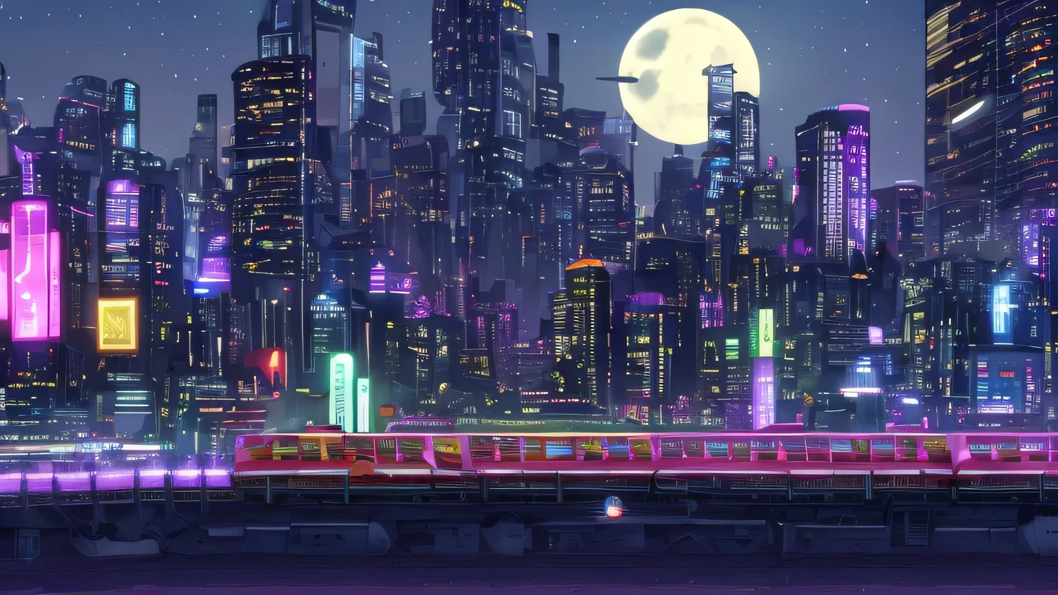 a futuristic punk city with a lot of buildings and neon lights, a train crossing the city with neon lights, the moon is in the sky and there are a lot of stars, a river is crossing the city