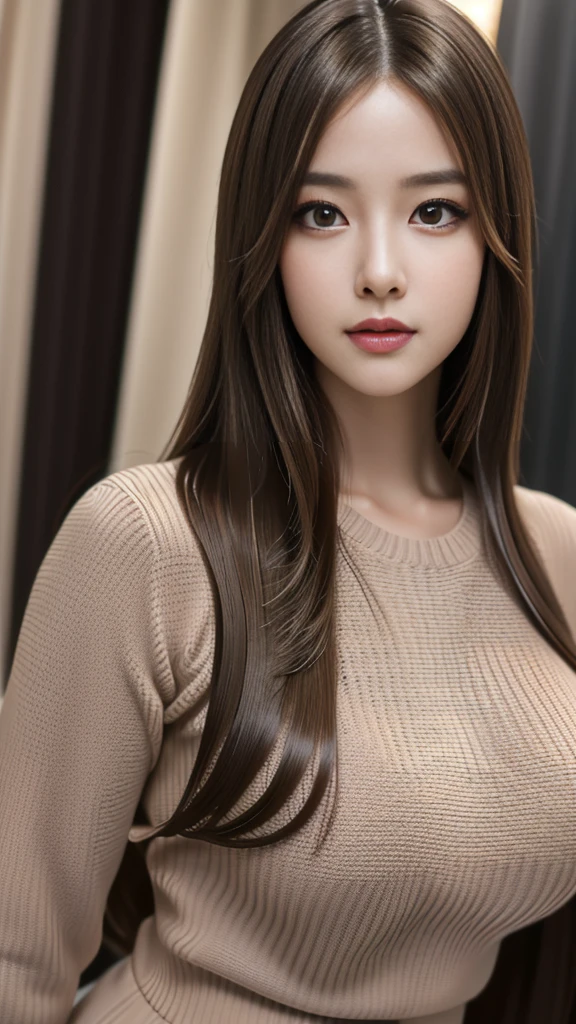 (masterpiece: 1.3), (8K, Realistic, RAW Photos, Highest quality: 1.4), (One girl), Beautiful Face, (Realistic Face), (Long Hair: 1.3), Beautiful hairstyle, Realistic eyes, Beautiful brown eyes, Beautiful details in the eyes, (Realistic Skin), Beautiful Skin, (sweater), Absurd, Charm, 超High resolution, Ultra-realistic, High resolution, Golden Ratio、Big Breasts