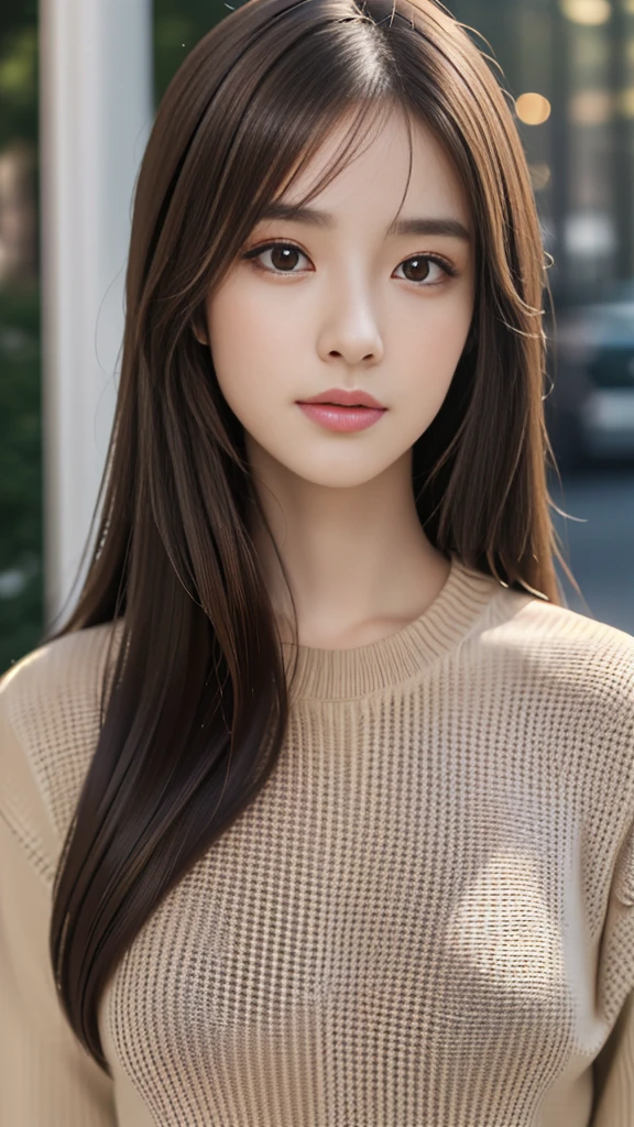 (masterpiece: 1.3), (8K, Realistic, RAW Photos, Highest quality: 1.4), (One girl), Beautiful Face, (Realistic Face), (Long Hair: 1.3), Beautiful hairstyle, Realistic eyes, Beautiful brown eyes, Beautiful details in the eyes, (Realistic Skin), Beautiful Skin, (sweater), Absurd, Charm, 超High resolution, Ultra-realistic, High resolution, Golden Ratio、Big Breasts