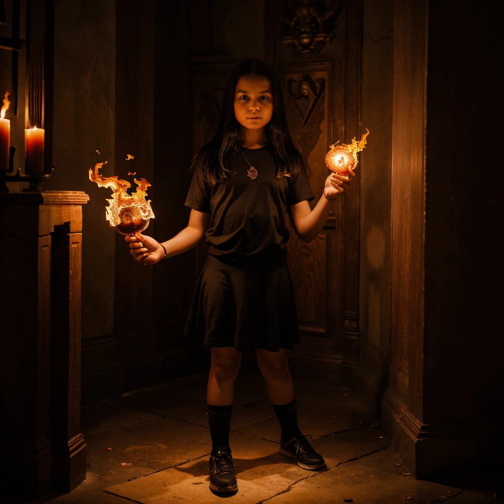 Full body view of a 10 year old girl holding a demonic fireball in her hand in a satanic temple