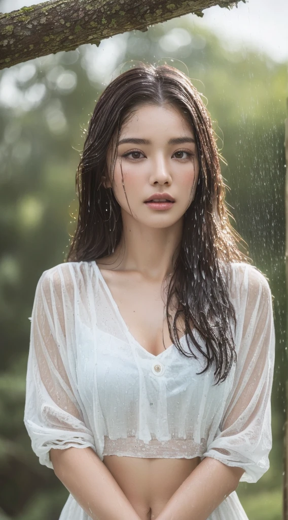 (Highest quality, 4K, masterpiece :1.3), Beautiful woman, One girl, (chest, Attractive body :1.2), Abdominal muscles :1.1, Dark brown hair: 1.1, (It rained and I got wet, Raindrops, Wet body :1.2), Highly detailed face, Detailed lips, Fine grain, double eyelid, Cowboy Shot, squat,