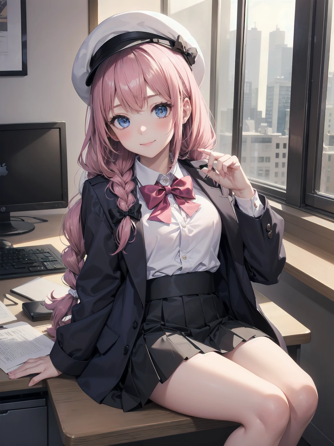 Masterpiece of detail, top quality, 1 girl, solo, 25 years old, 140cm, flat, tiny tits, silky textured hair, medium length, braids, two color mesh, realistic eyes, great looks , neat, up close, closed_mouth, smile, blush, shy, matching hat, hat, pink bow tie, , blue jacket, jacket, skirt, gray pleated skirt, cutter shirt, white shirt, legs, black socks, sitting, office, hair_ornament, looking_at_viewer, beautiful detailed eyes, mesmerizing gesture, seduction, professional effects, inviting, natural princess, receptionist, corporate building