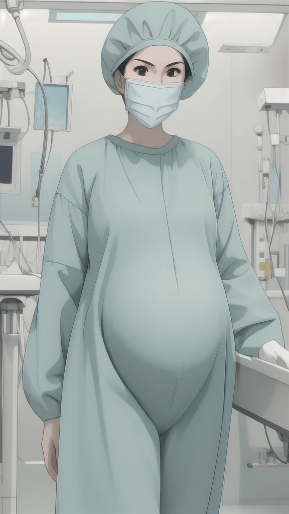 masterpiece, highest quality, slightly oblique view, (RAW photo, best quality), 1girl, pale skin, shy eyes, big breasts, pregnant, natural lighting, solo, upper body, hospital, in the operating room, surgical bet,
ray kasugano, pregnant with big belly, labcoat, (give a score of 9_give a score of 8_give a score of 7) long sleeve surgical gown, tip of nipple, navel head, surgical cap, cover ears, surgical mask, surgical gloves,
