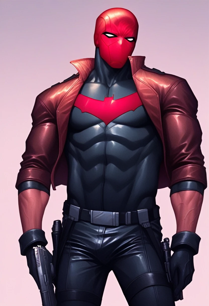 score_9, score_8_up, score_7_up, jason todd, solo, simple background, gloves, 1boy, jacket, male focus, open clothes, black gloves, belt, pants, open jacket, gun, bodysuit, mask, muscular, black pants, abs, pectorals, muscular male, holster, superhero, skinny, waist, small brown pink gradient veiny penis