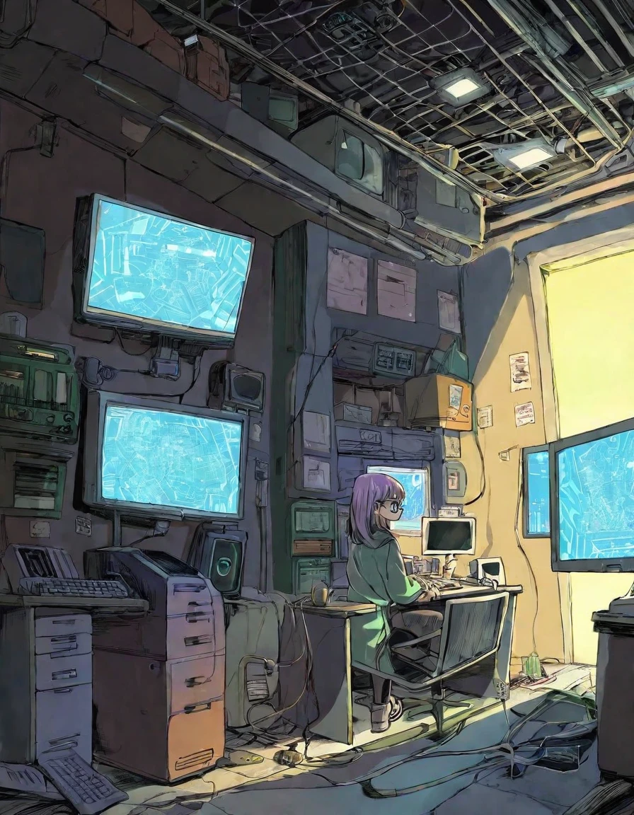 by tsubonari, by demizu posuka by oda non 1girl glasses bangs, watching monitors, multiple multiple monitors, hologram, messy room, shadow, dim light, dark room. messy, detailed background, science fiction, cyberpunk retro dystopian futuristic
