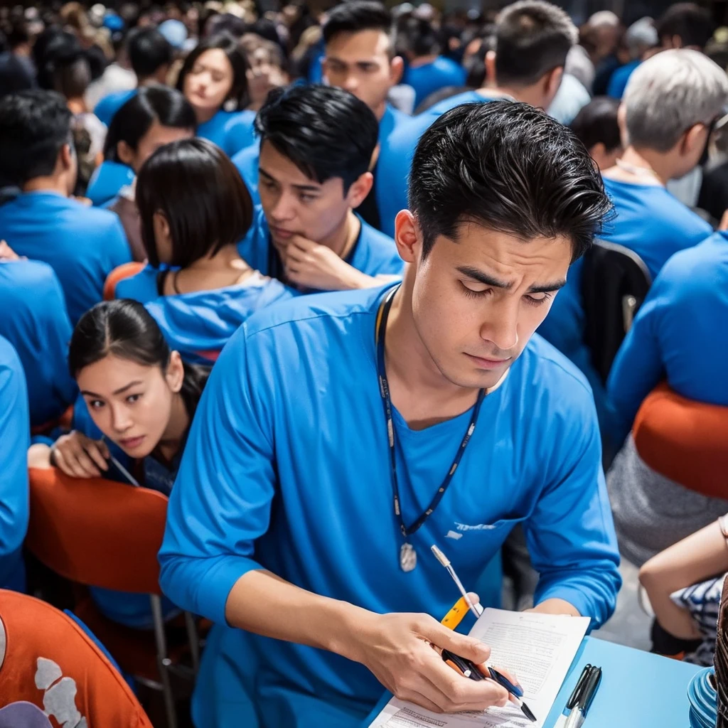 A detailed digital painting of a man representing the MBTI Consul (ESFJ) type. He is wearing a blue outfit, symbolizing his sociable and caring nature. The man has a troubled expression, showing signs of stress or concern. The background should be subtle, focusing on his emotional state. Include elements that indicate he is overwhelmed by social expectations or the needs of others, such as a crowded room or people seeking his help.