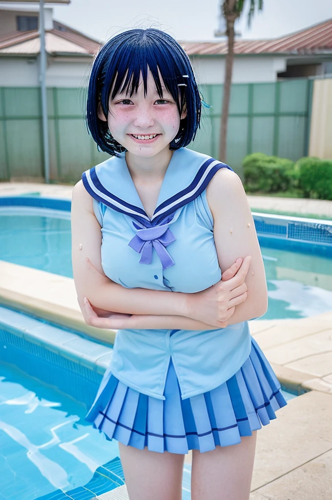 apanese、 High School、1 person, 15 years oldury、A cosplay that is wet and slightly transparent、Wet light blue short hair、 Wet arms、Wet legs、Wet Face、smile、pose、Highest quality, wet poolside, big tits