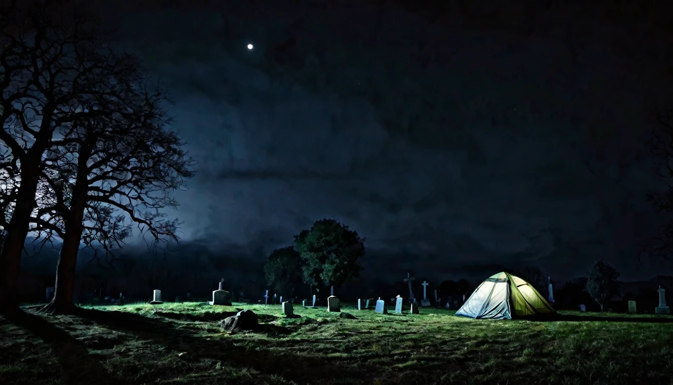 cemetery background, lonely camping tent, dark, sinister, macabre night