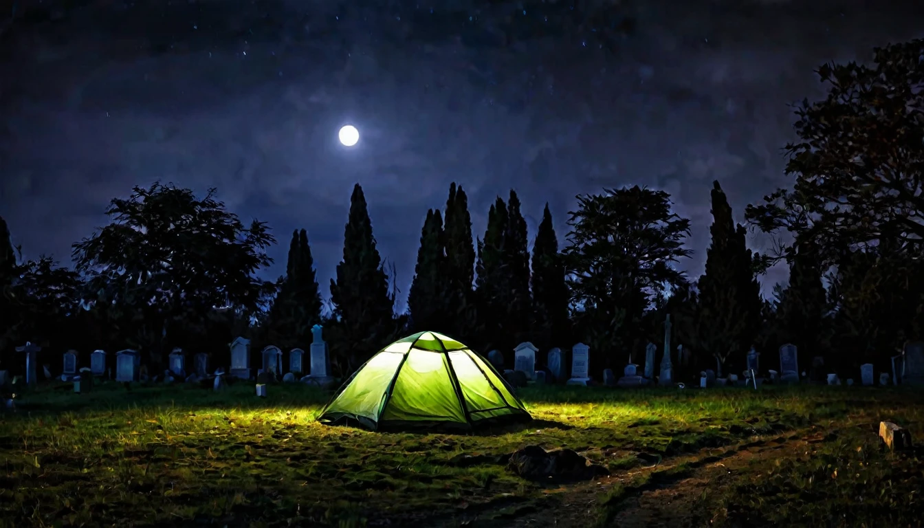 cemetery background, lonely camping tent, dark, sinister, macabre night