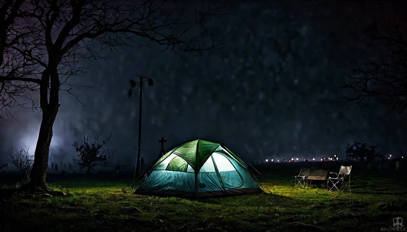 cemetery background, lonely camping tent, dark, sinister, macabre night