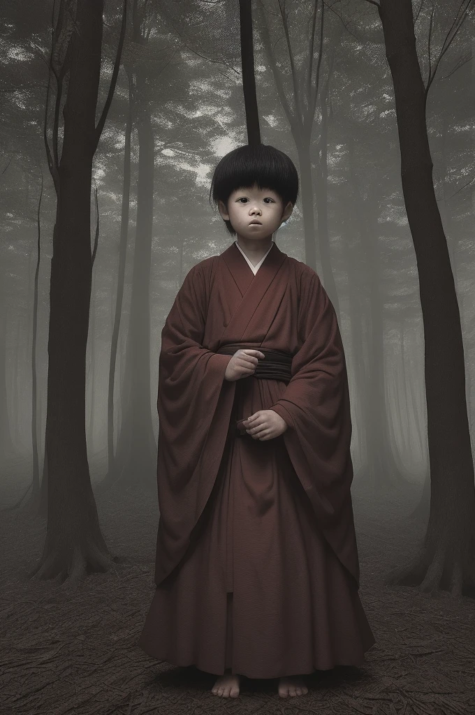 Standing in the dark forest at dusk、A child-like monster with one large eye、Hitotsume Kozo。Wearing traditional Japanese clothing、Resembling a small monk in worn robes。Surrounding trees々is expensive and old、The twisted branches create an ominous atmosphere.。Mist swirls on the forest floor、It creates a mysterious and unsettling atmosphere.。Hitotsume Kozoはいたずらっぽい笑みを浮かべて立っている。