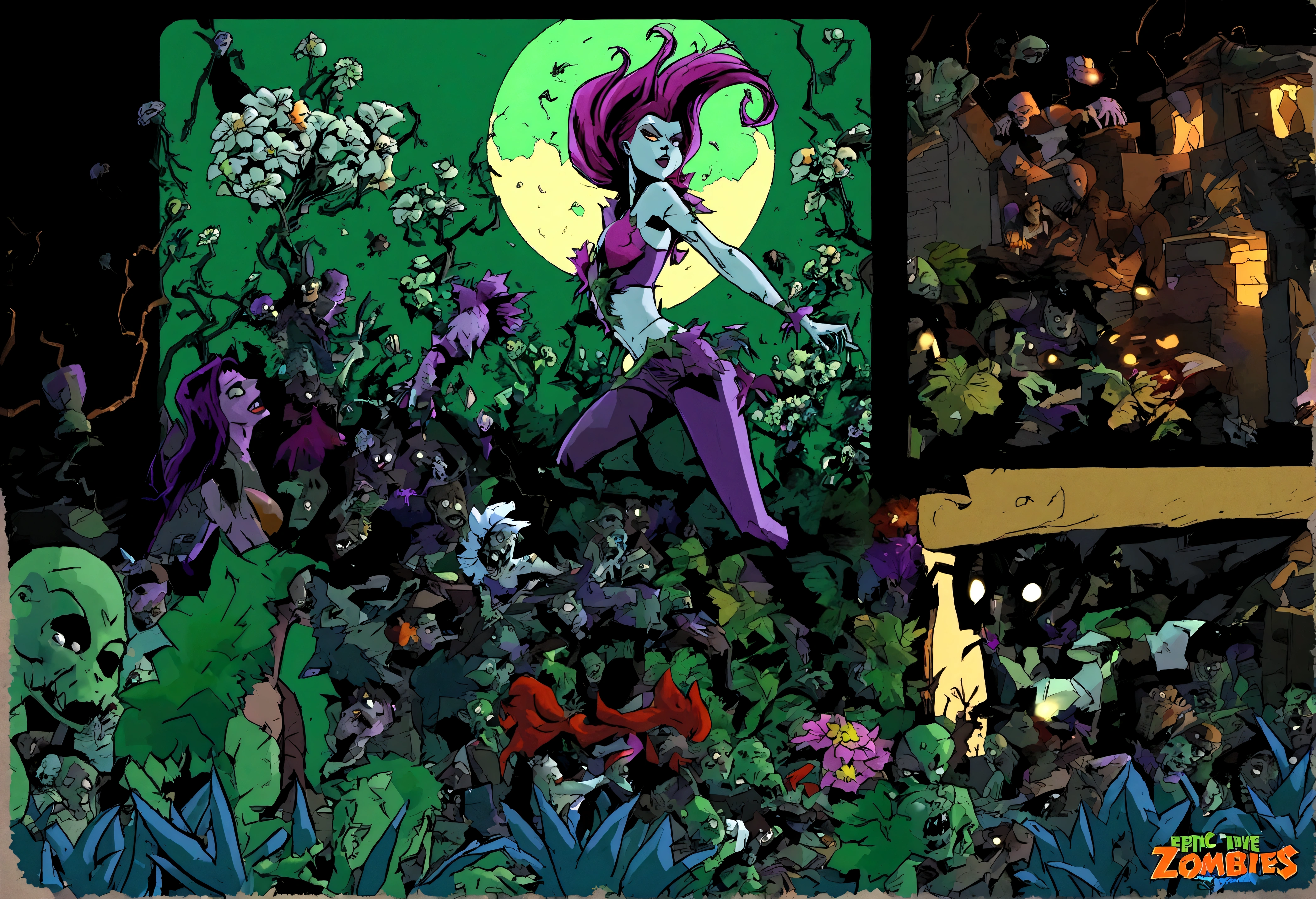 DC character 'poison ivy' has animated plant (thorn,vine,flower) beasts to demolish a horde of zombie (rotten people) emerging from a swap, moonlit swamp, show the epic battle of plants vs. zombies
