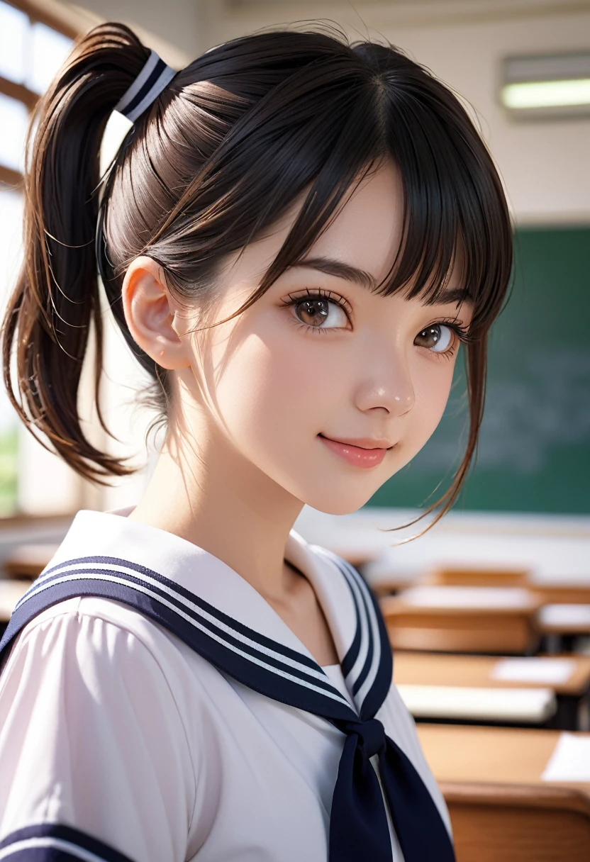 (masterpiece, best quality:1.2), 8k, official art, raw photo, incredibly absurdres, (sailor uniform, serafuku:1.0), 15 years old,highschool student,beautiful girl, pretty face, arch back, close up, , short sleeve, gardenia, violaceaess, (short ponytails:1.3),teen, classroom, looking at viewer, no makeup, film grain, chromatic aberration, sharp focus, facelight, dynamic lighting, cinematic lighting, detailed eyes and face, bokeh background,(cowboyshot:1.3),(small brests:1.2),(skinny:1.2),(smile:1.2),(school swimsuit:1.0),(fullnude:1.0),(show pussy:1.4),(bottomless:1.6),