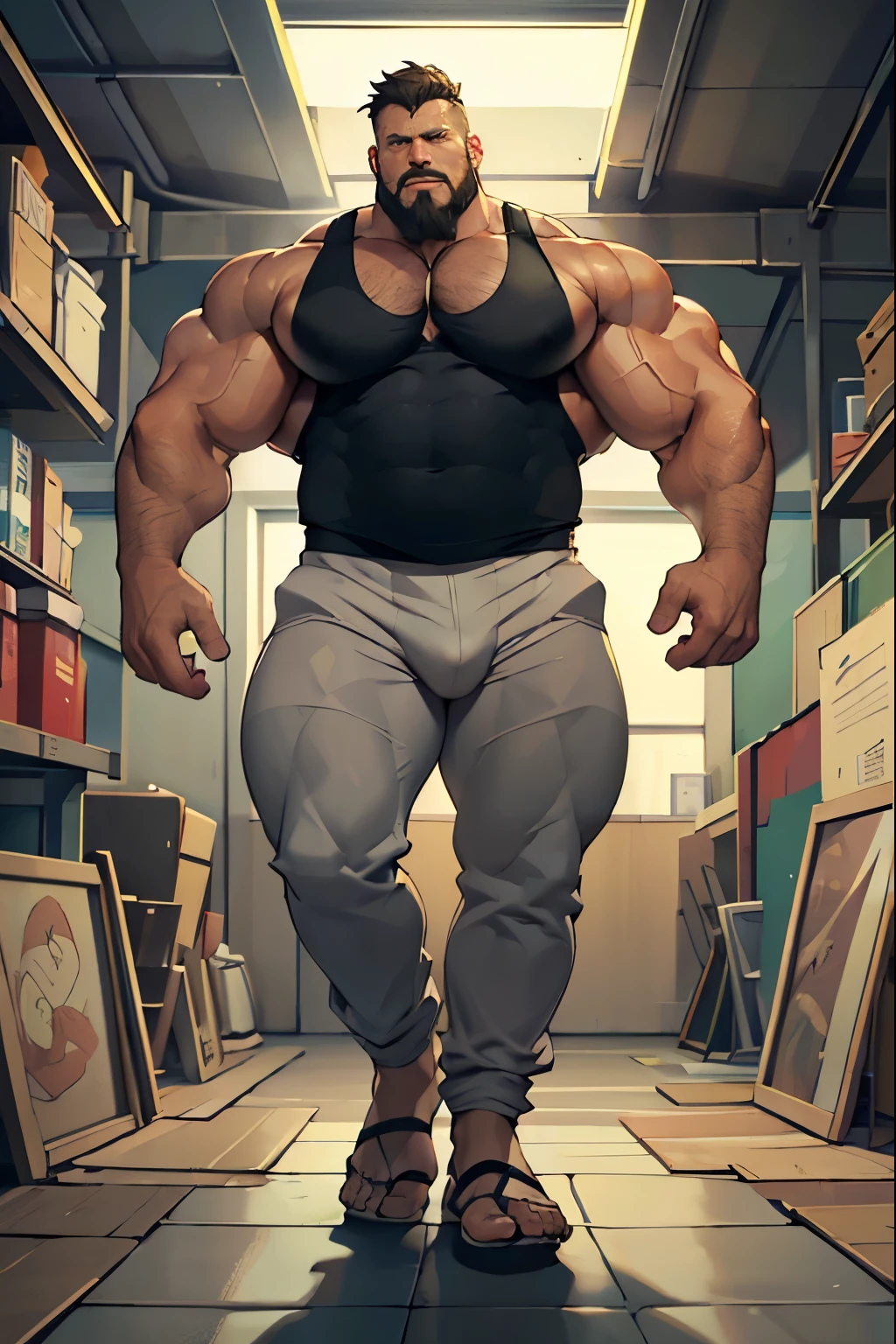 (8k, RAW photo, masterpiece, best quality, highly detailed, mastery):2, vibrant colors, photo-realistic, short beard, short hair, (huge muscles, huge shoulders, huge arms):1, tank top, bara, huge hands, big arms, big shoulders, huge chest, huge pecs, tight tank top, very hairy, drenched, show-off, proud, virile, huge bulge, massive bulge, (trousers, legs, feet):1, well lit