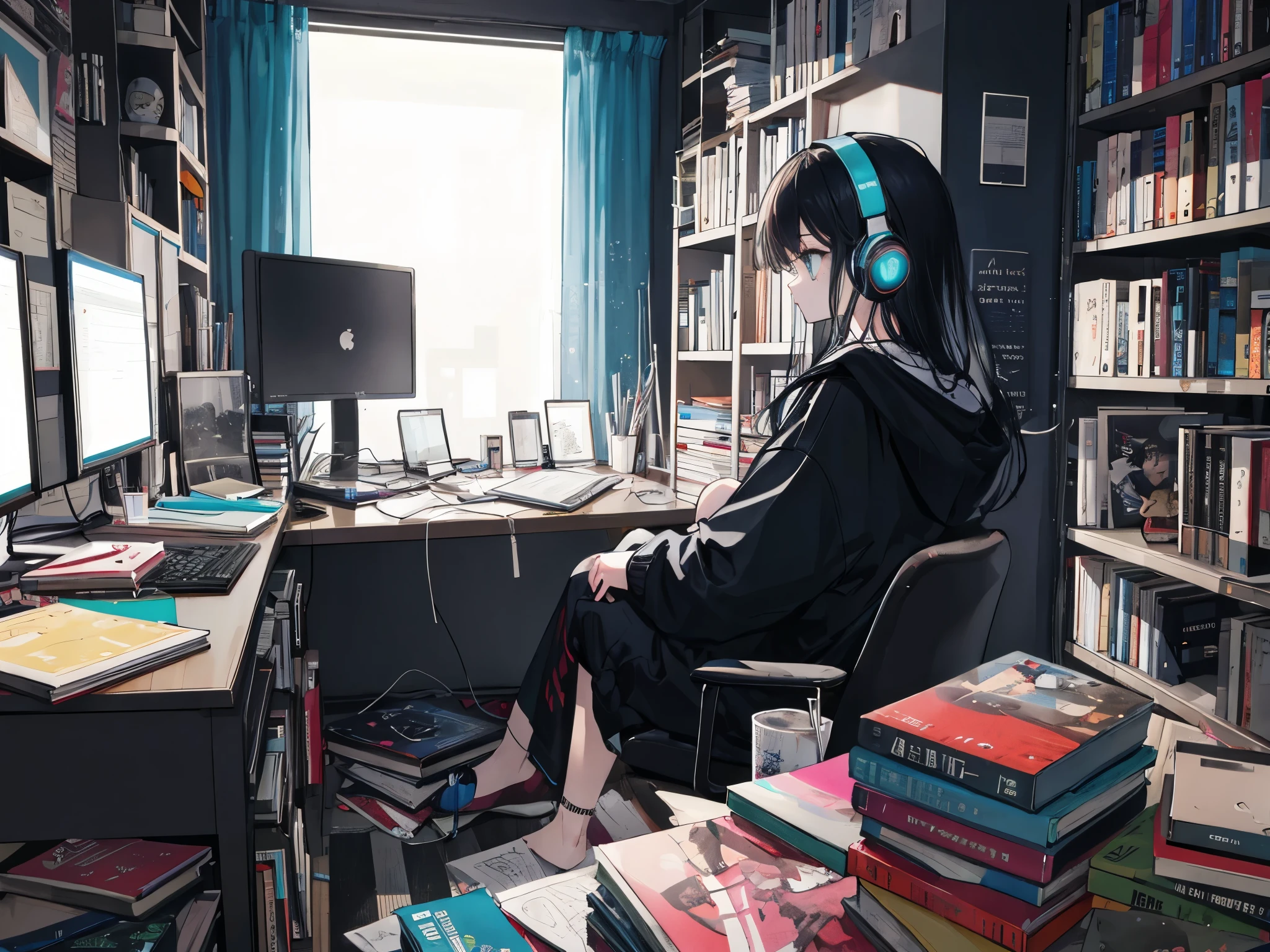 1980s neon color style、high quality、High resolution、最high quality、Outside, neon lights are falling、profile、Pop City、Neon City、Retro Pop、Very beautiful woman、cyber-、Fantastic atmosphere with neon colors、A girl writing a novel on a computer in a dark room、She is wearing headphones and an oversized hoodie.、The room is messy with girlish rooms、Books are cluttered, Cushions are scattered all over the room、Black-haired、Long Hair、Cold Eyes、Beautiful Eyes、Big eyes、Baby Face