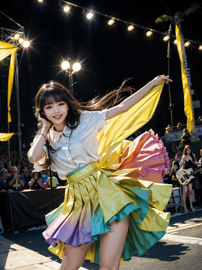 Colorful photograph, Uplifting, ((masterpiece, best quality, absurdres, 8K, super fine illustration, detailed eyes, beautiful face, light smile, shiny skin)), 1 young girl, Colorful top Idol, Smile full of happiness, whole body, good style, ((Idol costumes with 5 or more colors;1.5)), ((Idol costumes with lots of frills)), very cute idol costumes, colorful balloons, Many large and small soap bubbles, (Dancing dynamically;1.2), (kicking one leg high;1.2), ((Dancing on a gorgeous outdoor stage;1.4)), very luxurious stage, amazing gorgeous stage, ((extremely detailed Fluttery micro mini skirt, extremely detailed colorful skirt. micro mini Skirt very fluttering in the wind;1.4)), (((skirt is flipped up by the wind;1.5)))