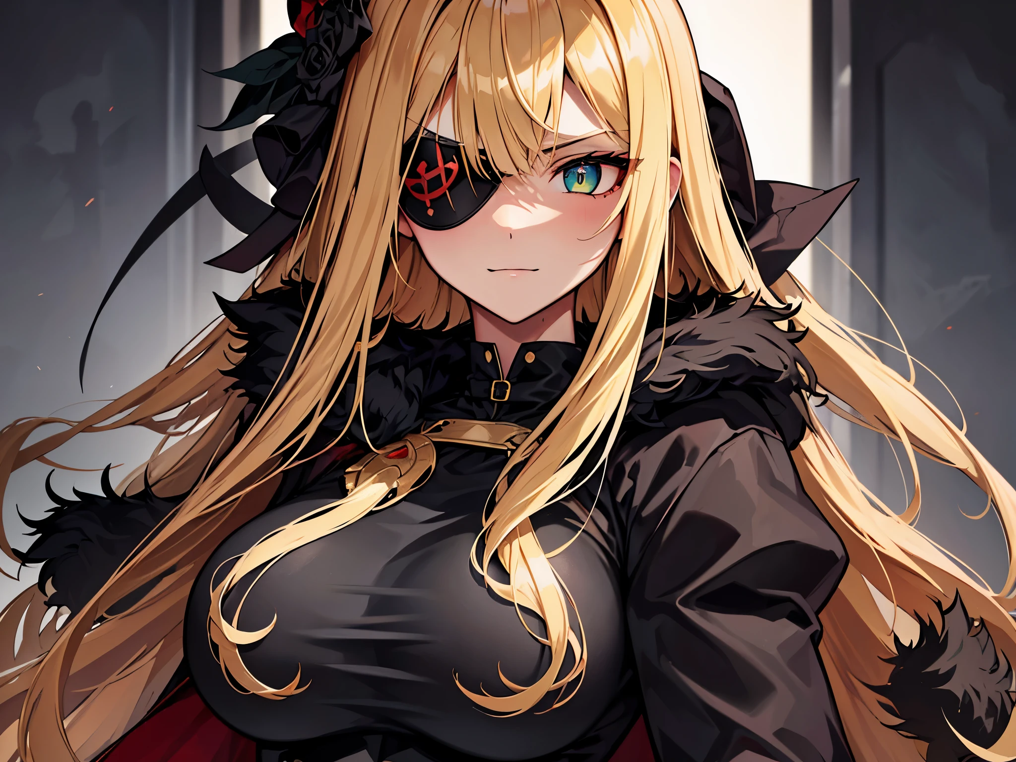 ((masterpiece)), ((best quality)), 1girl, adult, long hair, big bust, ((blonde hair)), very long blonde hair, ((intimidant look)), ((close-up)), profile image, green eyes, black and red clothes, sexy, dark colors, brillant eyes, ((coat with fur)), ((wavy hair)), exposed skin, ((sexy pose)), ((intimidant look)), good anatomy, ((dark sage clothes)), ((straight cut bangs)), emotionless, intimidant, ((beautiful eyes)), dark background, close up, ((detailed eyes)), beautiful eyes, ((detailed face)), hair bang, frontal look, evil, relaxed, smile, magical goddess othinus, abs, detailed face, eyepatch, huge tits, full body, ((detailed))
