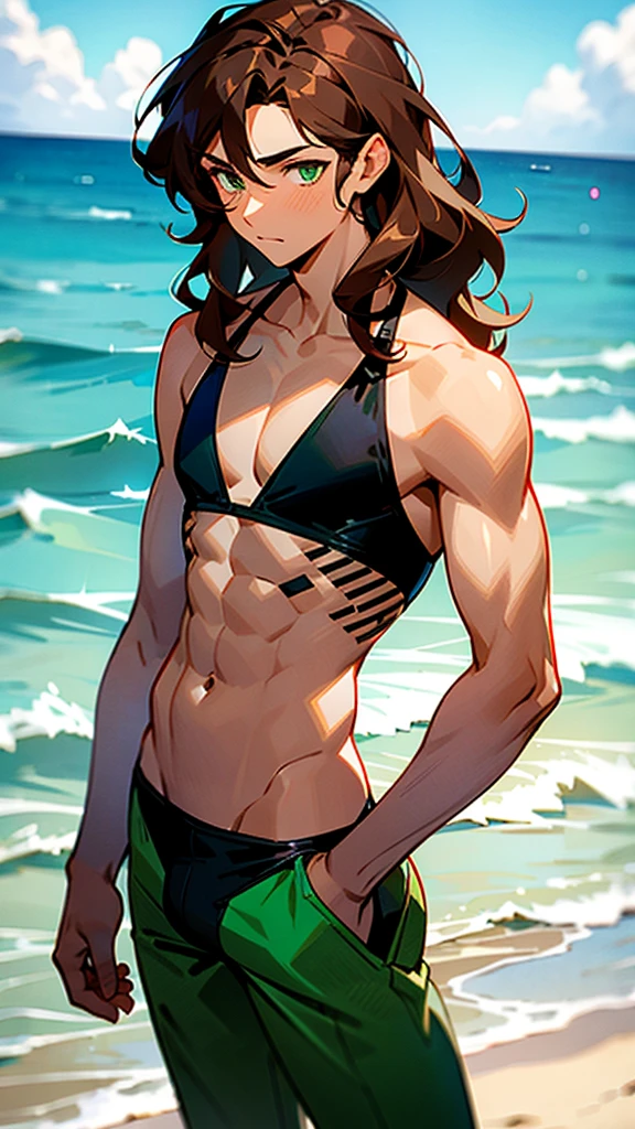 Cute male. Feminine male. Green eyes. Brown hair. Wavy hair. Shoulder-length hair. Male wearing black bikini. Short. Patite. Subtly curvy body. Bulged croch. Tan skin. At the beach.