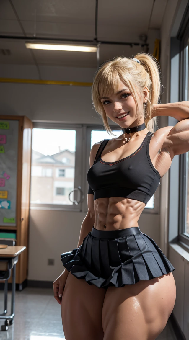 (Muscular:2.4), (thick thighs:2.4)
(blonde female:1.3), adult, (blunt bangs:1.4), (ponytail:1.2),
(big smile:1.8), detailed eyes, clean skin, low key (DETAILED SKIN),
(hard nipples:1.1), (small breasts:1.5),
earrings, eyeshadow, lipstick, (glasses),
(school uniform, pleated skirt, choker, midriff:1.8), 
(upper body view:1.2), (three quarter view:1.6), looking at viewer, from above,
rim lighting, two tone lighting, dimly lit, clean room