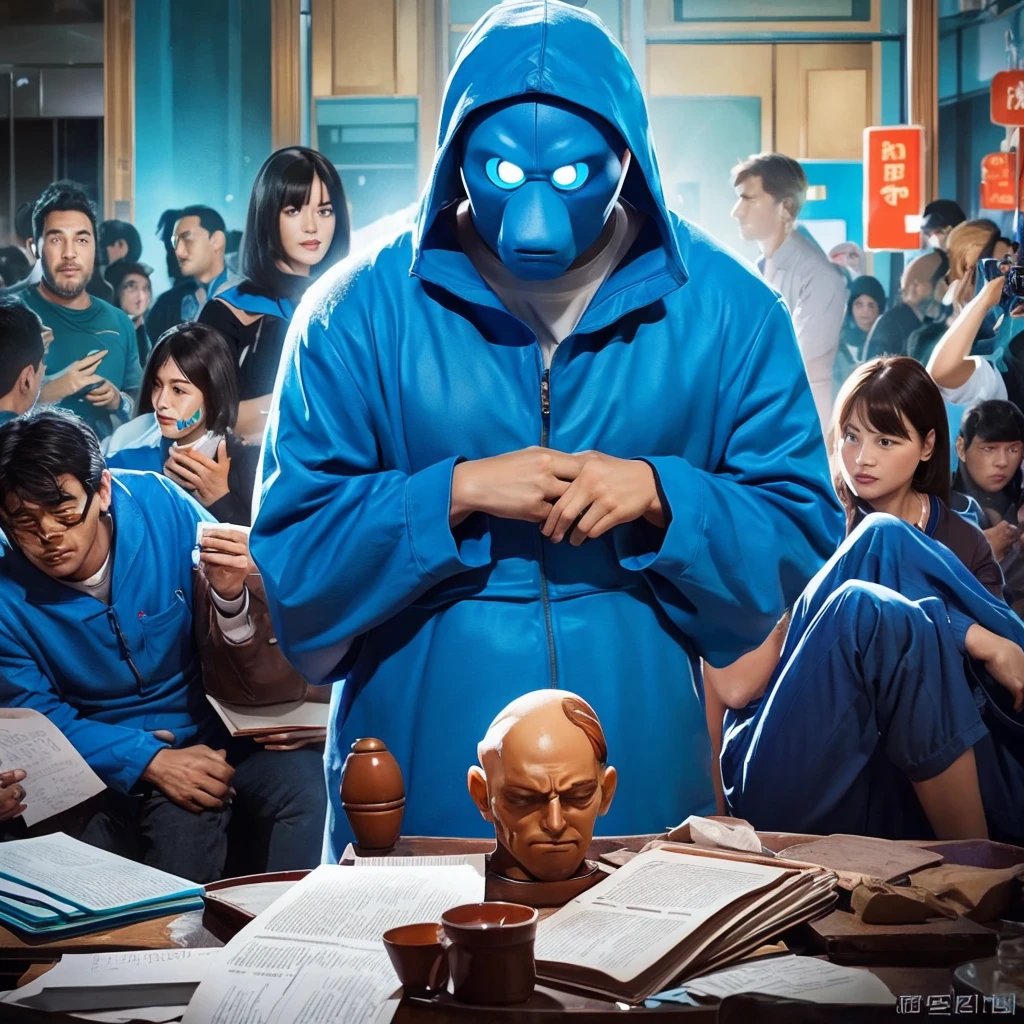 A detailed digital painting of a man representing the MBTI Consul (ESFJ) type. He is wearing a blue outfit, symbolizing his sociable and caring nature. The man has a troubled expression, showing signs of stress or concern. The background should be subtle, focusing on his emotional state. Include elements that indicate he is overwhelmed by social expectations or the needs of others, such as a crowded room or people seeking his help.