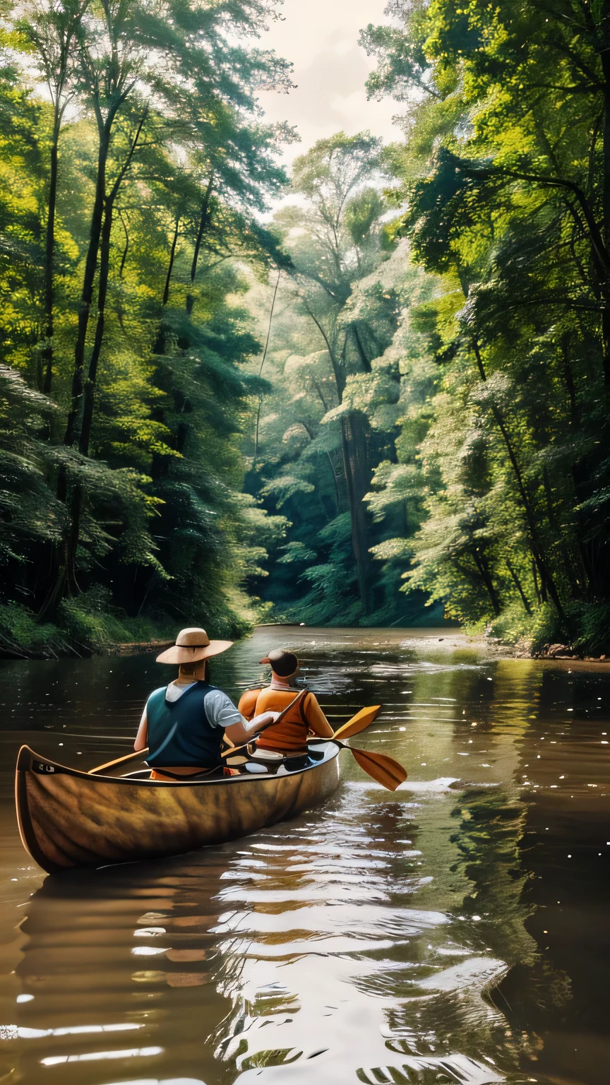 A big forest. There is a big river on the side of that forest. Two animals are rowing in a canoe through the river.
