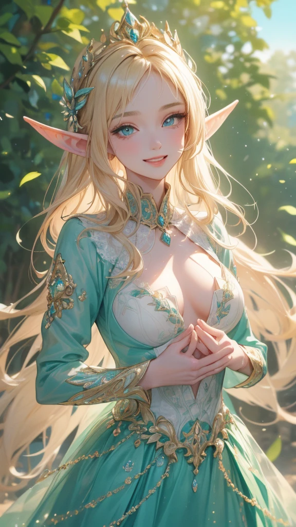  work of art, epic details, ultra detaild, best resolution, blonde, (BEAUTIFUL ELF), crown with crystals ((rosto angelical)), sculptural body, clothes made with green leaves, ((perfect hands))), ((expression of happiness)), (Grinning), great smile, Simple smile, scenario:Enchanted Forest, supper: secret Garden, (olhos com epic details simétricos e sem defeito), (epic details na face)