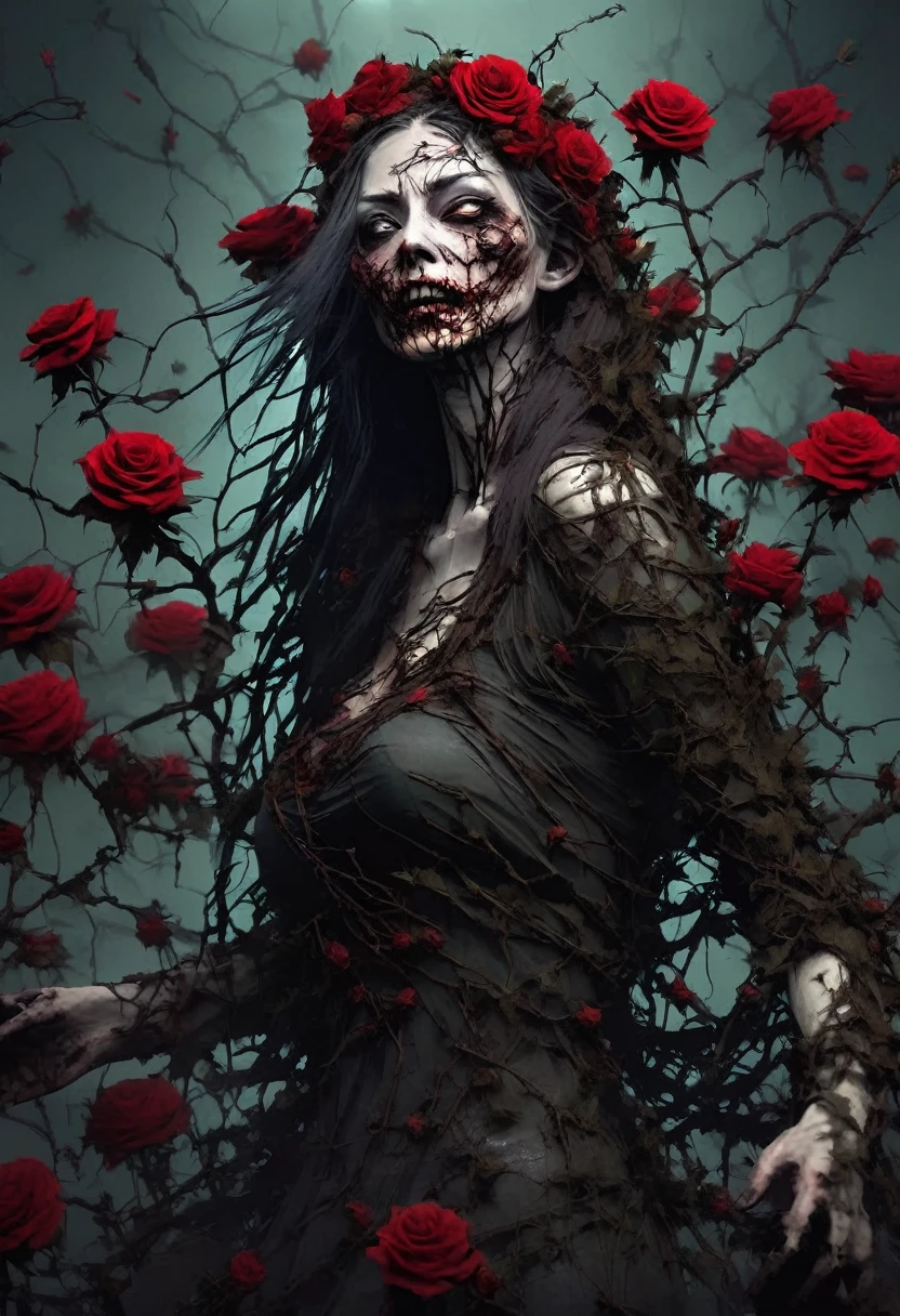 Female zombie covered in thorny rose vines、The thorns of the roses tore at my skin.、Struggling female zombie、Dark and gritty、Horror、Gothic、