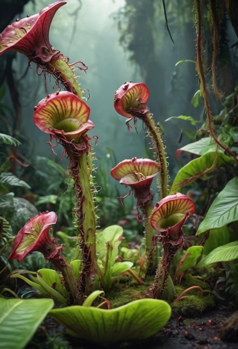 (create image of zombie and carnivorous plants:1.5),tropical rainforest background,(best quality,4k,8k,highres,masterpiece:1.2),ultra-detailed,(realistic,photorealistic,photo-realistic:1.37),, ,vibrant colors,　breathtaking scenery,