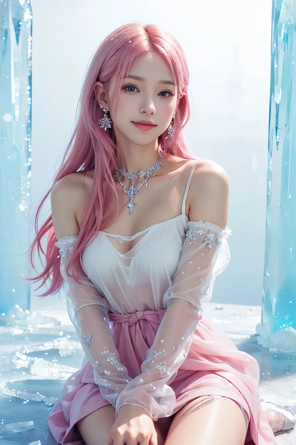 (8K, Top Quality, Masterpiece:1.2), (Realistic, Photorealistic:1.37), Super Detail, 1 Girl,), (Highly Detailed), (Beautifully Detailed Eyes), (Top Quality), (Super Detail), (Masterpiece), (Detailed Face),20 years old, ,1 Girl, ((Pink Hair, Long Hair)), Medium Breasts,. Dress, perfect lighting, BREAK, (dress made of ice: 1.5), (transparent: 1.2), (no outerwear:1.0), (transparent camisole made of ice: 1.2), (long sleeved blouse with ice crystal pattern: 1.2), (long ice skirt with A-line silhouette: 1. 2), (slim fit silhouette: 1.2), (ice crystal embroidery and bijoux detail: 1.2), (no socks: 0), (ankle cross strap ice heels: 1.2), (ice crystal earrings and necklace: 1.2), BRAKE, (upper body to thighs: 1.2), (long pink hair: 1.2), (smile: 1.2), (slightly tilted to face front: 1.2), (confident pose with one hand on waist:1.2), (other hand touching skirt: 1.2), (ice filled background including ice crystals, pillar, ice castle: 1.2) (bright lighting with subject in focus: 1.2)
