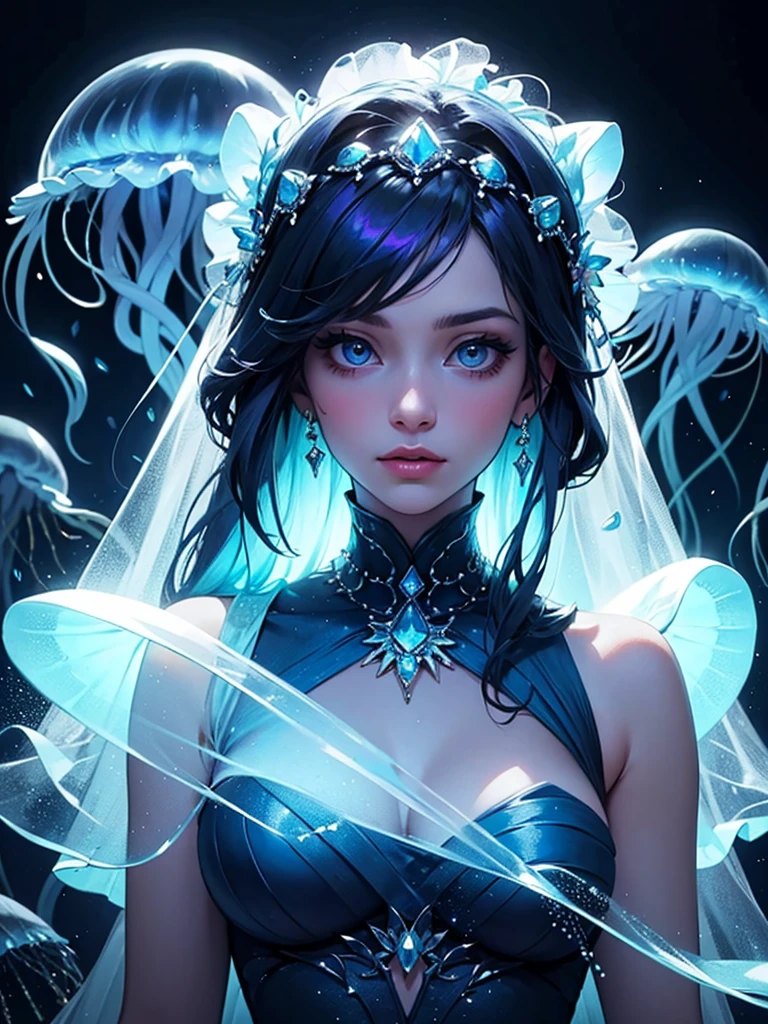 a close up of a woman in a blue dress with a veil, fantasy gorgeous lighting, ethereal blue lighting, jellyfish headdress, . ethereal lights, blue lighting. fantasy, iridescent # imaginativerealism, closeup fantasy with water magic, extremely moody blue lighting, neon jellyfish headdress, futuristic and ethereal, with glowing blue lights, moody lights!! intricate