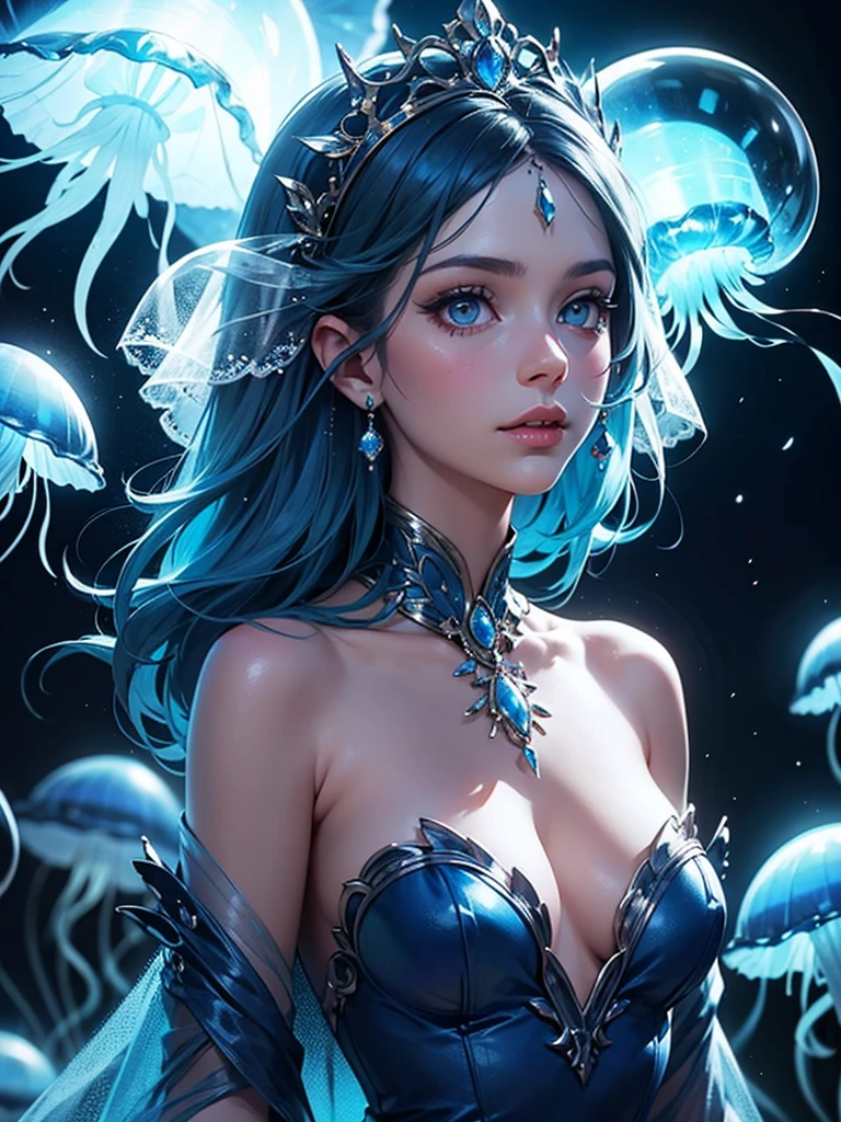 a close up of a woman in a blue dress with a veil, fantasy gorgeous lighting, ethereal blue lighting, jellyfish headdress, . ethereal lights, blue lighting. fantasy, iridescent # imaginativerealism, closeup fantasy with water magic, extremely moody blue lighting, neon jellyfish headdress, futuristic and ethereal, with glowing blue lights, moody lights!! intricate