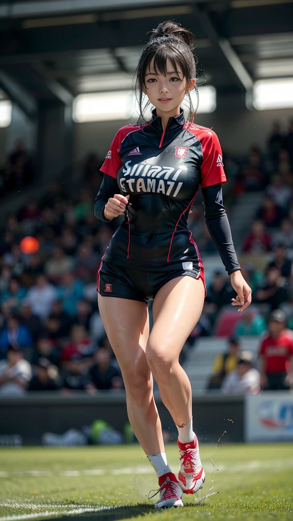 Highest quality, High resolution:1.2, Very detailed, Realistic:1.3, ((Beautiful woman))、((((Super tight uniform))))、((((Super big breasts))))、(The abdomen is visible)、Vibrant colors, play soccer,((Blunt bangs))、Various Hair Styles、Different hair colors、With bangs、Wet Hair, concentrate, splash, Action Shots, Grass blotches, Muddy ground, Wet turf, decide, Fast-paced games, Athletic physique, Shiny soccer ball, Wet Uniform, raindrop, Blurred motion, ボールにconcentrateする, Intense competition, Skillful dribbling, Energetic play, Teamwork, powerful shoots, Wet pitch, Passionate sports, Fierce decide, Humid atmosphere, Fluid movement, emotional expression、Dramatic lighting, Women's Sports, Avid athletes, Exciting Games, Endure, Excited state, Speed and agility, Energetic play, 濡れたsplash、smile、Red Uniform