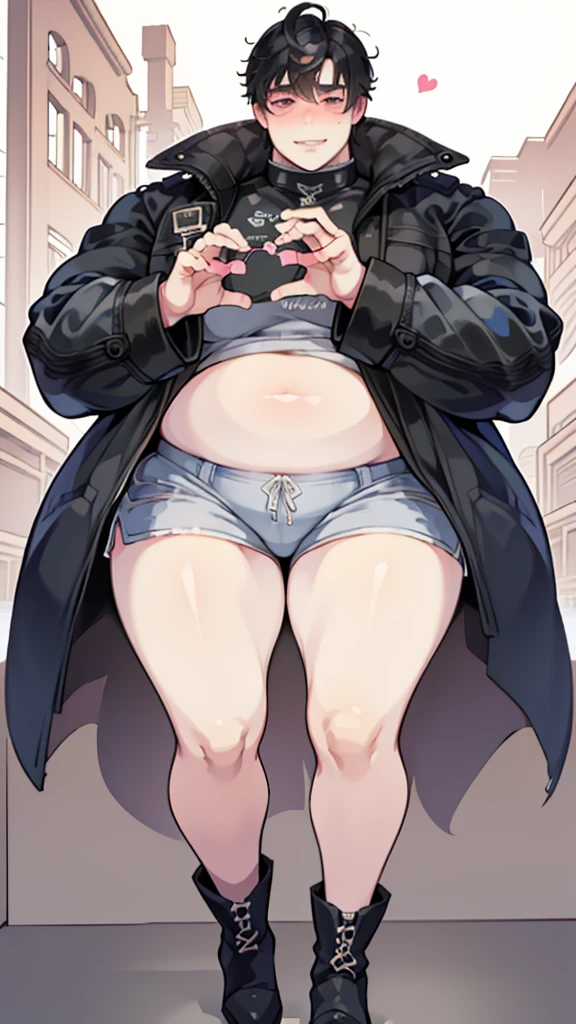 ( High quality , ultra detailed, careful with hand ), solo male, fat male, round belly, fat belly, large belly, ((tight shorts)), bulge, blushing, heart eyes, dark hair, sci-fi, cyberpunk clothes, jacket, medium length hair, arch bangs, male with fat ass and big thighs, belly focus, happy trail, moobs, round glasses, wobbly smile, possessive expression, pretty boy, chubby male, boots, exposed thighs, exposed belly, neon pink highlights, sweating, implied obsession, male yandere tag, pixiv, weight gain commission, male weight gain, fat fetish commission, deviantart, belly kink, anime style, weight gain on thighs and ass but mostly belly