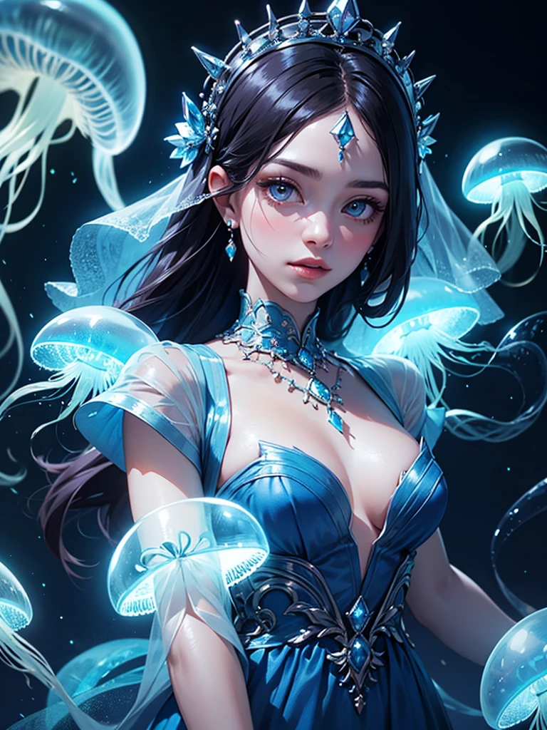 a close up of a woman in a blue dress with a veil, fantasy gorgeous lighting, ethereal blue lighting, jellyfish headdress, . ethereal lights, blue lighting. fantasy, iridescent # imaginativerealism, closeup fantasy with water magic, extremely moody blue lighting, neon jellyfish headdress, futuristic and ethereal, with glowing blue lights, moody lights!! intricate