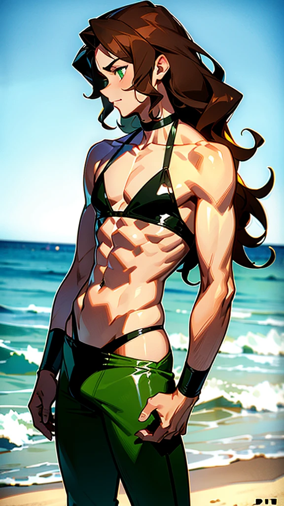 Cute male. Feminine male. Green eyes. Brown hair. Wavy hair. Shoulder-length hair. Male wearing black bikini. Short. Patite. Lean. Curvy body. Bulged croch. Tan skin. At the beach.