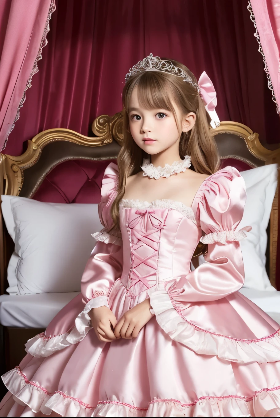 highest quality, masterpiece, highest resolution, artwork, super それにget used to it, many get used to it, get used to it, それにget used to it, 3k realistic pictures,,((10 year old little girls)),Ultra-detailed juvenile face,ultra-detailed beautiful little girls,girls are princess,full length ball gown dress with hoop skirt,ruffled yoke collar,puff sleeves,long sleeve,((Lolita style hot pink detailed princess satin dress with lots of ruffles and ribbons)),Rococo style lolita fashion,shiny satin dress,Soft and smooth fabric,detailed princess dress,luxury,long blonde hair,blue eyes,white skin european,Pajama,((in the bedroom of the palace)),luxury princess canopy king size pink bed,shiny satin sheets,ultra-detailed princess bed,High-quality background,lot of frilled pillows,on the bed,