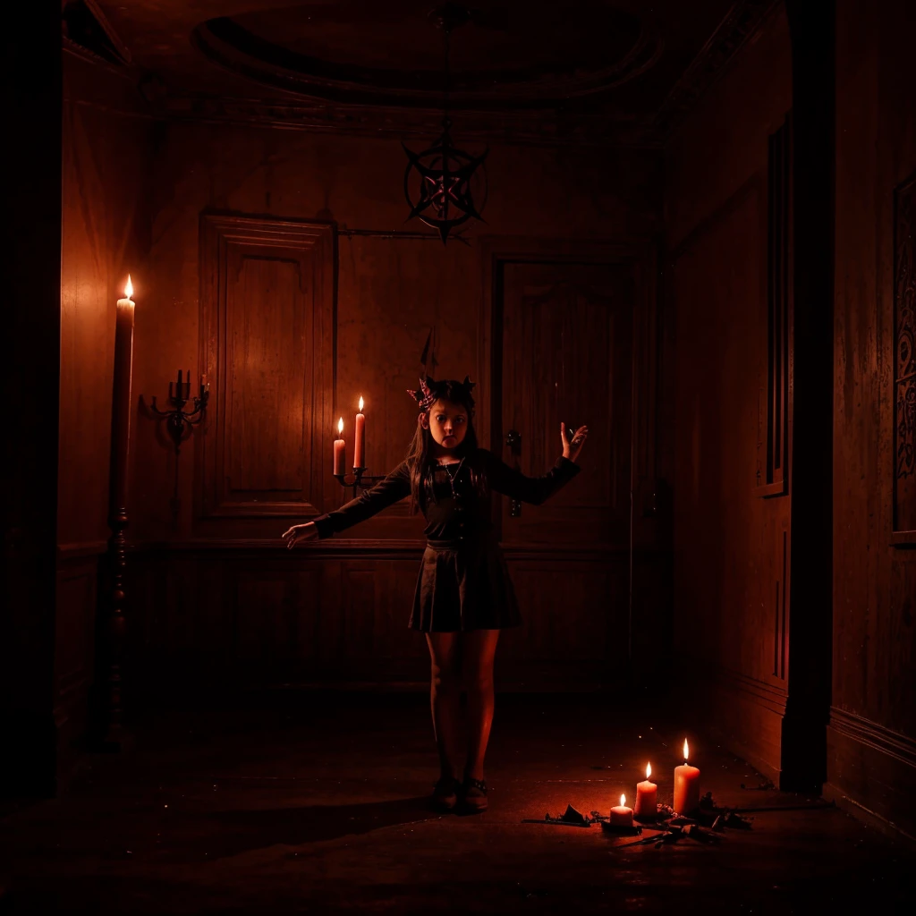 Full body view of an old girl performing a Satanic ritual in a satanic temple