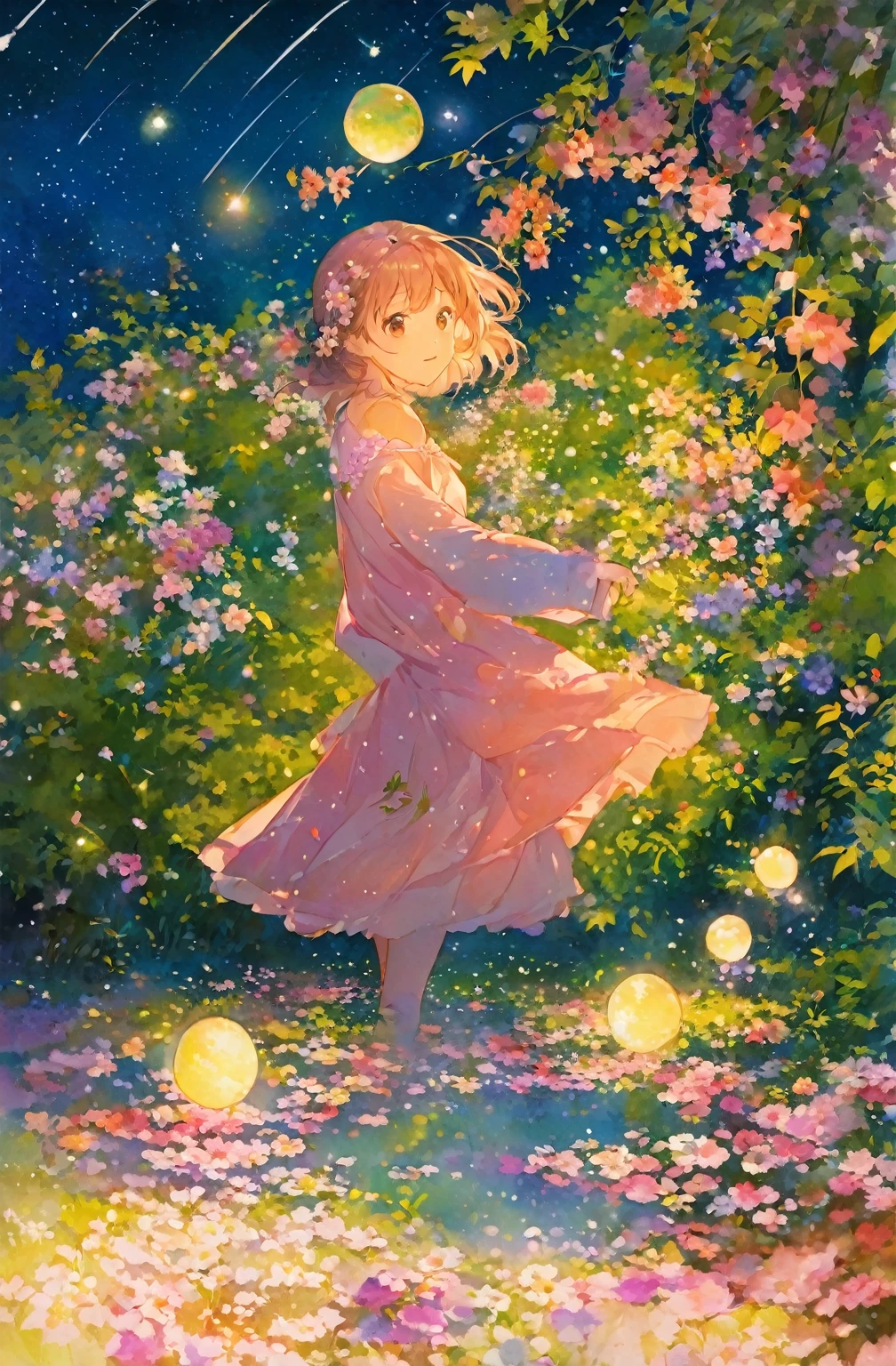 anime girl in a pink dress standing in a field of flowers, beautiful anime artwork, beautiful anime art, girl dancing in a flower field, she is the center of the garden, lady with glowing flowers dress, by Eizan Kikukawa, girl in flowers, in style of kyoto animation, a beautiful artwork illustration,  in dress