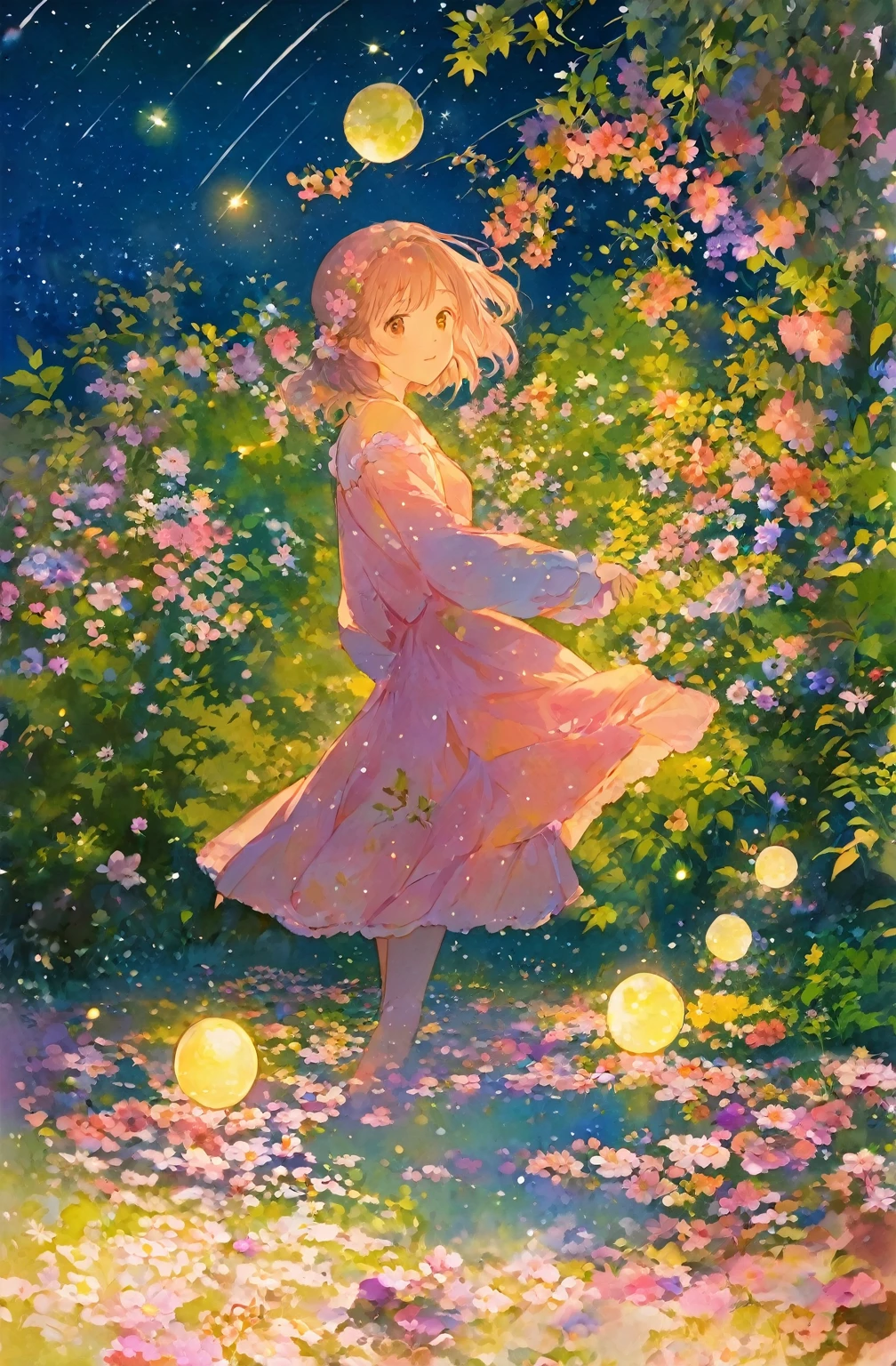 anime girl in a pink dress standing in a field of flowers, beautiful anime artwork, beautiful anime art, girl dancing in a flower field, she is the center of the garden, lady with glowing flowers dress, by Eizan Kikukawa, girl in flowers, in style of kyoto animation, a beautiful artwork illustration, in dress