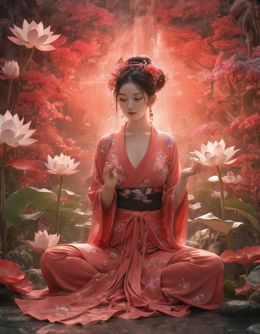 Full-body photo of a courtesan in lotus position,Praying with palms together、Anatomically correct,born, Cinematic shots, (Sharp focus:1.5), (Realistic:1.4), dusk lighting, (Look this way)、(Front facing)、((Less exposed skin)),Volumetric lighting, Ultra-high resolution, 16K,Dramatic lighting, Abstract background:1.5)(Tangleた,Datura stramonium,Holding a heart light in your hand、Tangle,Intertwined:0.7)witch,((Red kimono)), Foxfire spells, conversion, Depth of written boundary, A fantastic atmosphere, The most beautiful form of chaos, Elegance, Fauvist Design Dark Theme, flowers of death, flowers of ecstasy,Glowing Lines,Glow Example,Tracking example,flash, Backlight,translucent,Particles of light,hill,exit