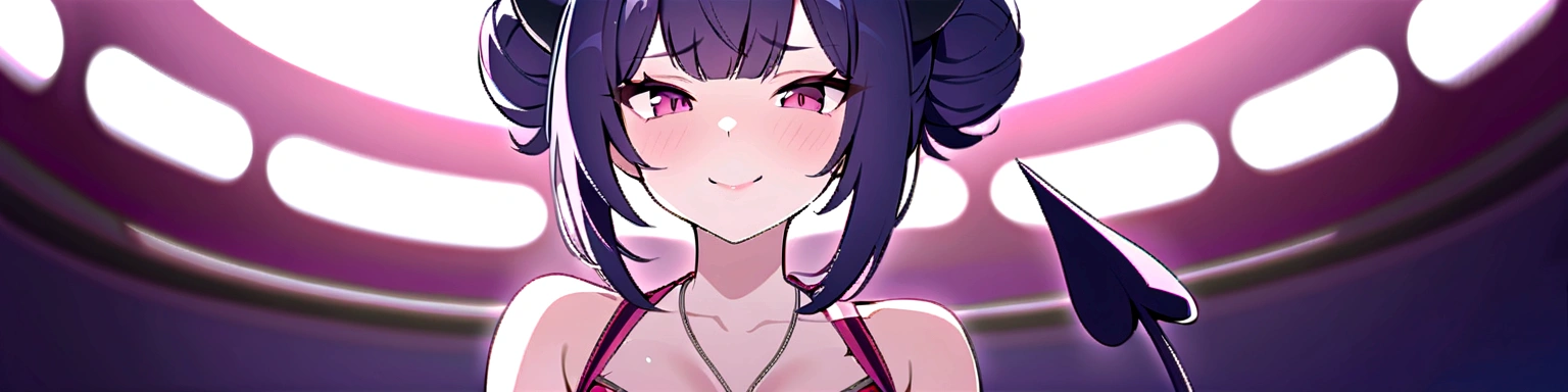 succubus possessed cheerleader, demon tail, seductive smile, c cup , with black small demon horns, bun hairstyle, wearing necklace,
