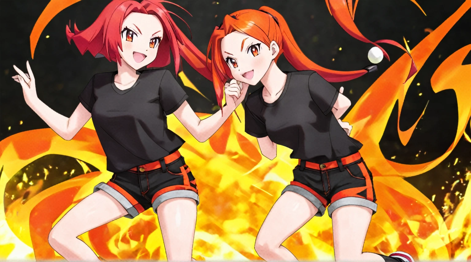 a girl fire type pokemon trainer with red hair black shirt orange shorts black sneakers